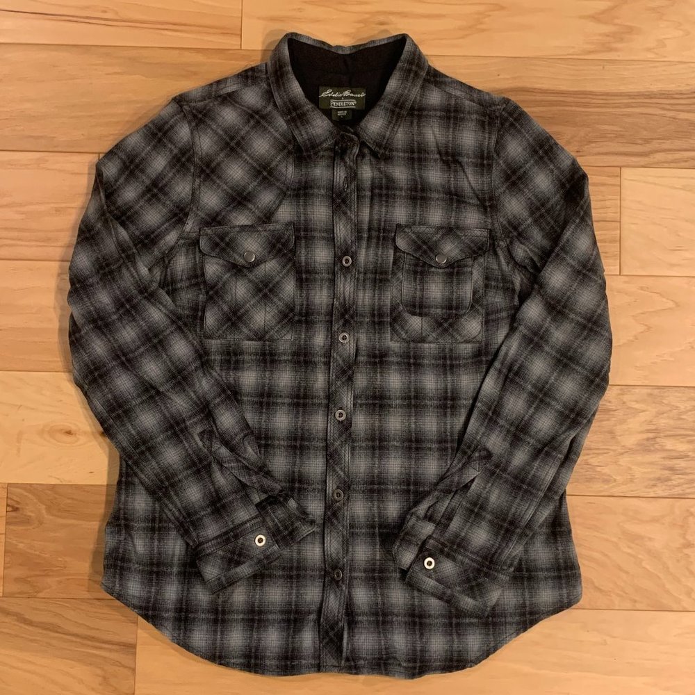 Eddie Bauer x Pendleton Black and Grey Plaid Women's Flannel Shirt — 100% Wool
